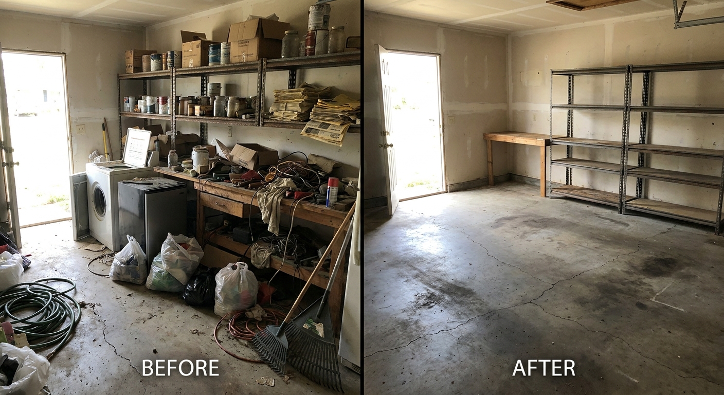 Garage cleanout before and after — older detached garage with rusty shelving, workbench clutter, and bags cleared to a swept empty space